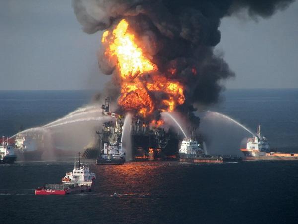 Fireboat response crews attempting to extinguish the blaze aboard the Deepwater Horizon oil rig in the Gulf of Mexico, April 21, 2010. Image Captured by the U.S. Coast Guard