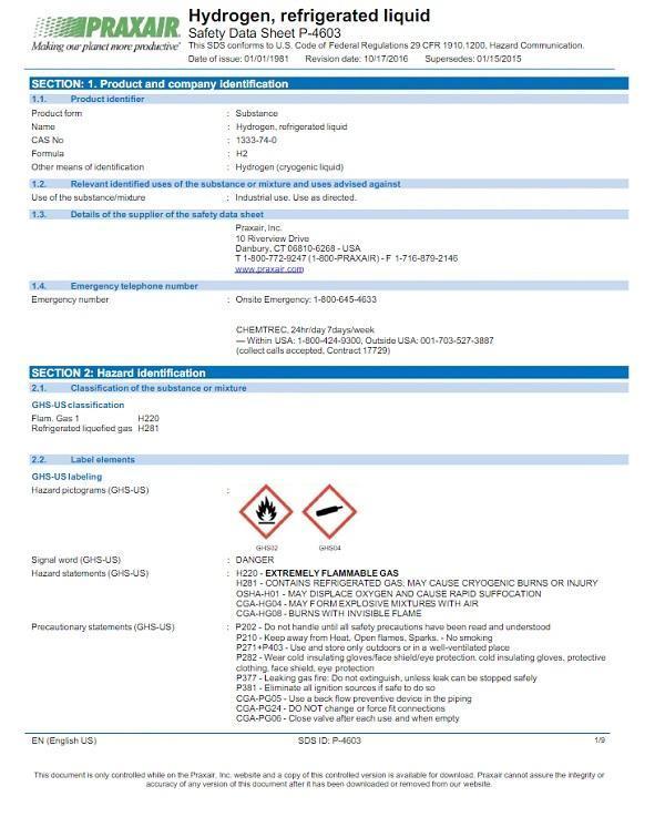 Example of a GHS formatted Safety Data Sheet