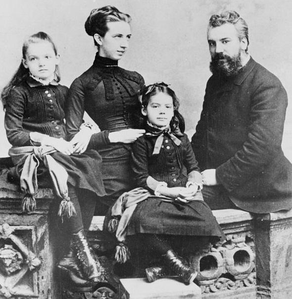 Alexander Graham Bell with his wife Mabel Gardiner Hubbard and their children Elsie May Bell (far left) and Marian Hubbard Bell. Dated 1885