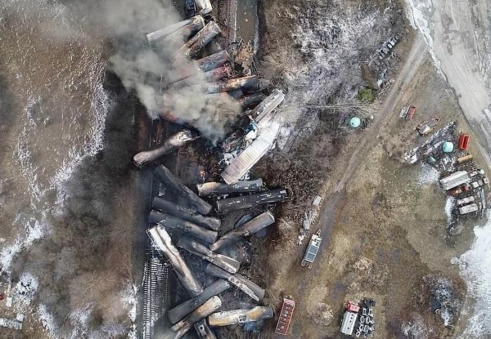 Drone footage shows the freight train derailment in East Palestine, Ohio, U.S., February 6, 2023 in this screengrab obtained from a handout video released by the National Transportation Safety Board.