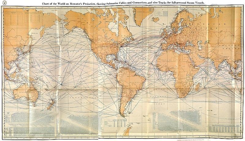 Chart of the World on Mercator's Projection, stowing Submarine Cables and Connections, and also Tracks for full-powered Steam Vessels. Volume 16. 1905. Page 81.