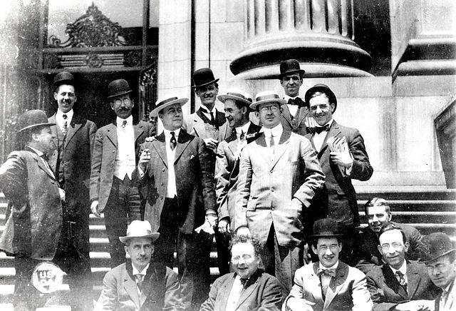 The 1906 Pure Food and Drugs Act authorized federal food and drug inspectors. This photo, dated 1909, is one of the earliest of the initial group of FDA inspectors, shown here posed on the steps of the government building in Indianapolis, Indiana.