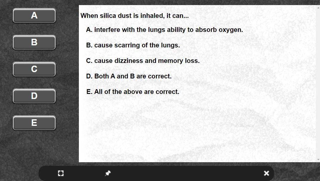 Screenshot of the Learning Management System showing a Quiz Question from the Silica Safety Training Course
