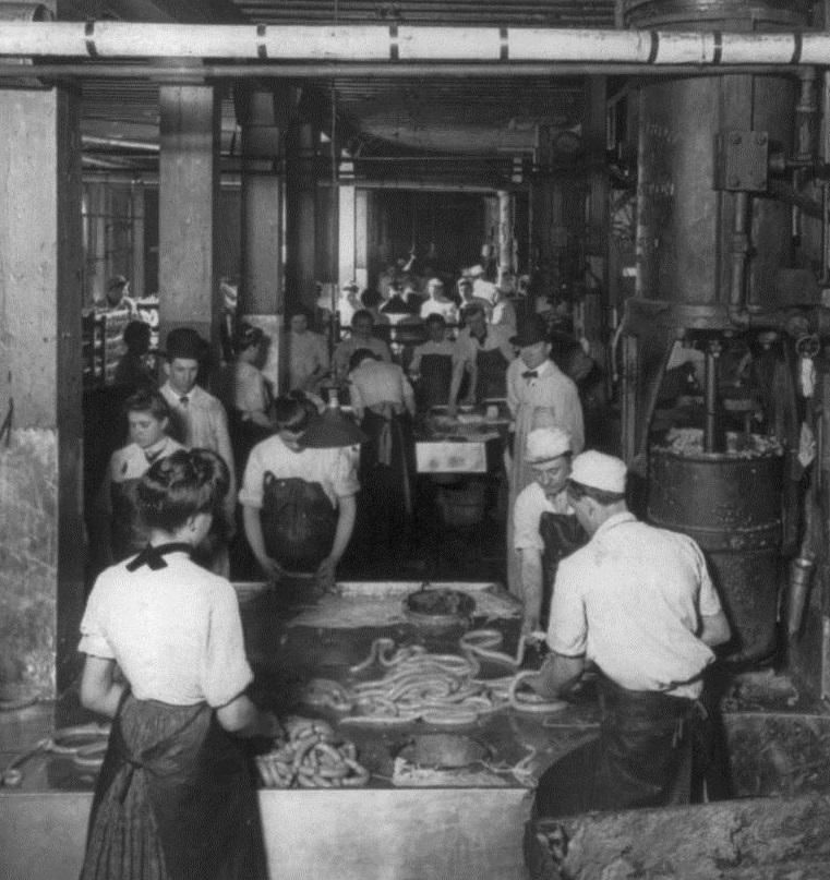 Making link sausages in the Swift Co. Chicago,1900. The "Jungle" takes place in Chicago and Upton Sinclair likely visited a sausage-making facility like the one shown here.