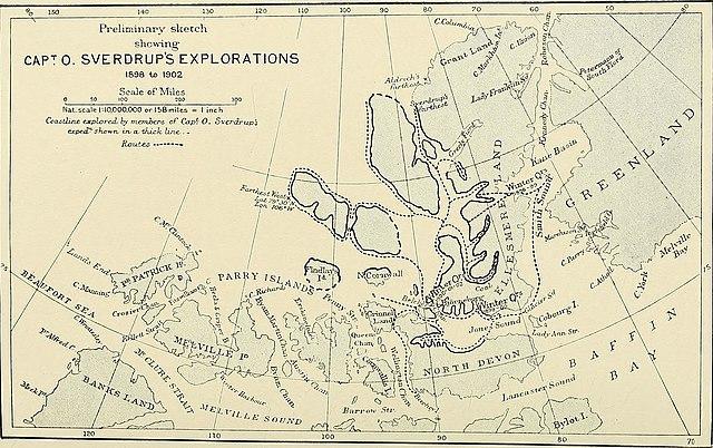 The image of this map published in 1902 is from Captain Sverdrupin's expedition in the Arctic (1898-1902), which took approximately four years. The map shows the routes he followed during his exploration. This is an example of the vivid imagery and storytelling that a reader of the magazine was exposed to, which was promoted by Hubbard. A summarization of Captain Sverdrupin's journey was described in the magazine: "They have discovered the westernside of Ellesmere Island and its intricate system of fiords, as well as three large islands west of Ellesmere island; they have explored the northern coast of North Devon; they have conntected Belchers work with the ocasts of Jones Sound; they have reached a point within 60 miles of Aldriches furthest; and they have discovered the land nort of the Parry Islands, the existence of which was conjectured, as far west as the longitude of the eastern coast of Melville Island. This includes the discovery of the northern sides of North Cornwall and Findlay Island.