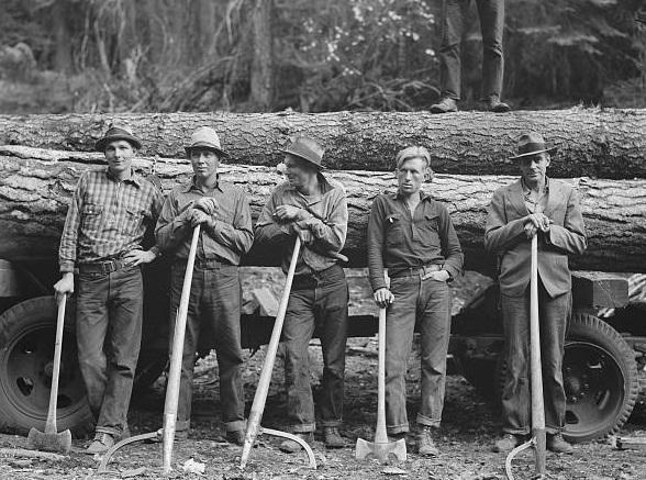 Five Idaho farmers, members of Ola self-help sawmill co-op, in the woods standing against a load of logs ready to go down to their mill about three miles away. Gem County, Idaho